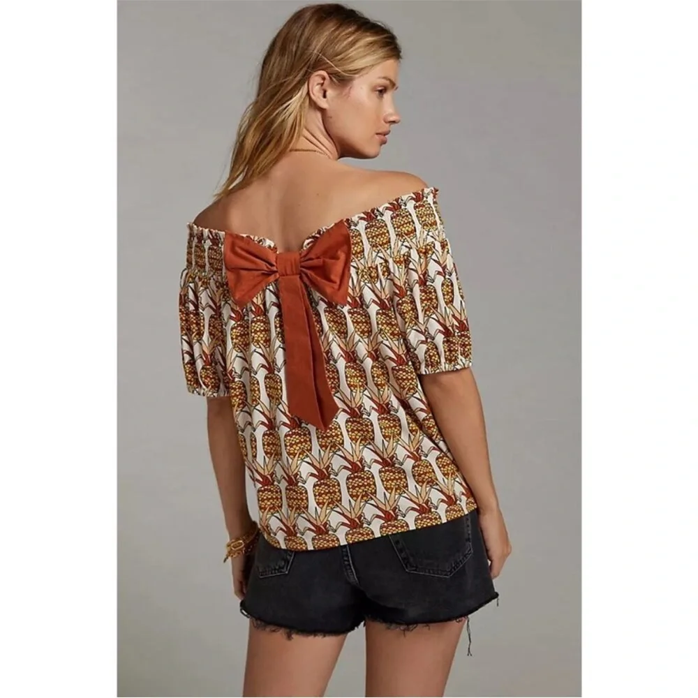 Anthropologie Porridge Printed Bow Back Top Pineapple New Off The Shoulder Small - Picture 6 of 9